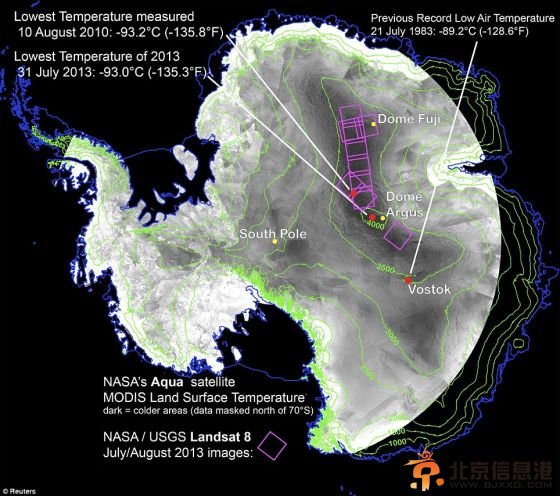 科學(xué)家通過遙感衛(wèi)星發(fā)現(xiàn)地球最冷的地方就位于南極高原東部一個山脊附近。美國宇航局2013年12月9日公布的照片闡述了這個信息。