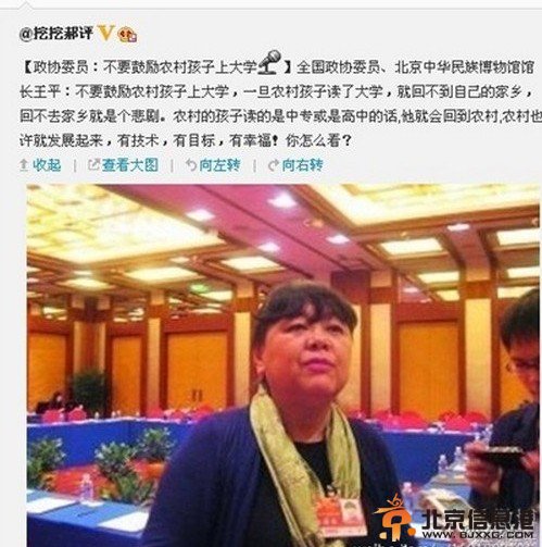 王平個人資料簡歷照片 王平：不要鼓勵農村孩子上大學